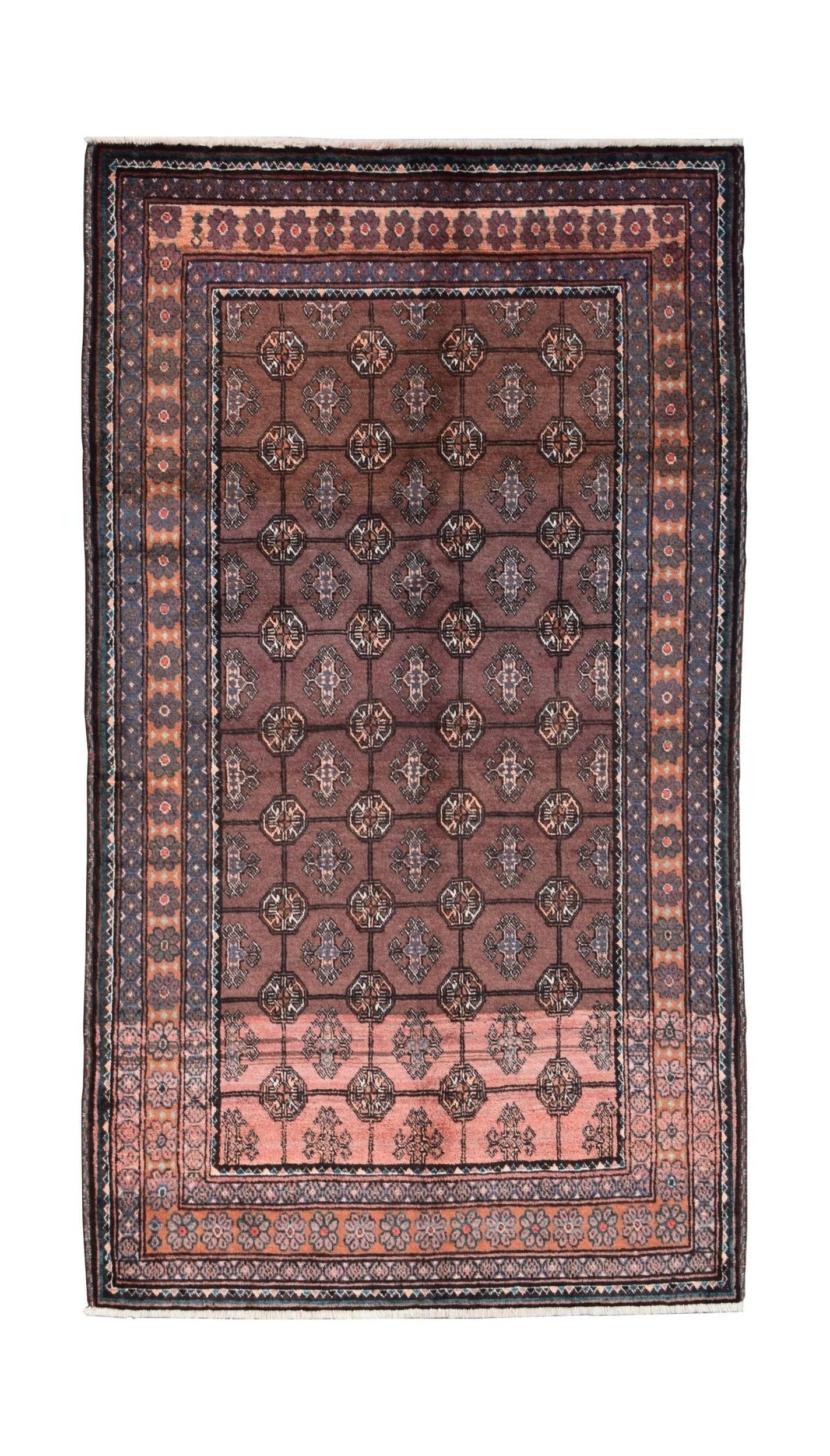A vintage handmade Afghan Baluch rug featuring a brown field with repeating geometric motifs.
