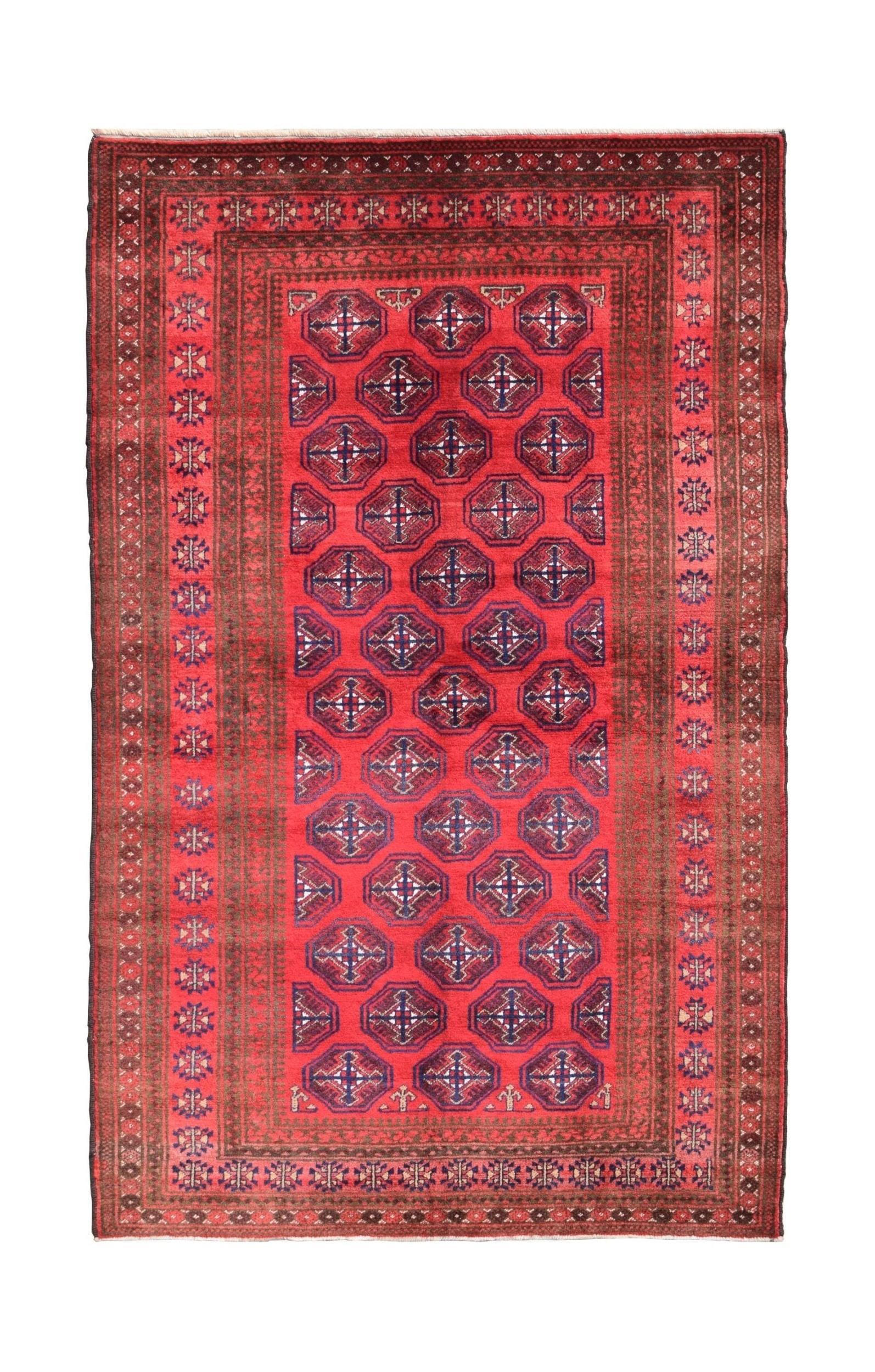 A vintage handmade Afghan Baluch rug featuring a repeating geometric pattern in deep red tones.