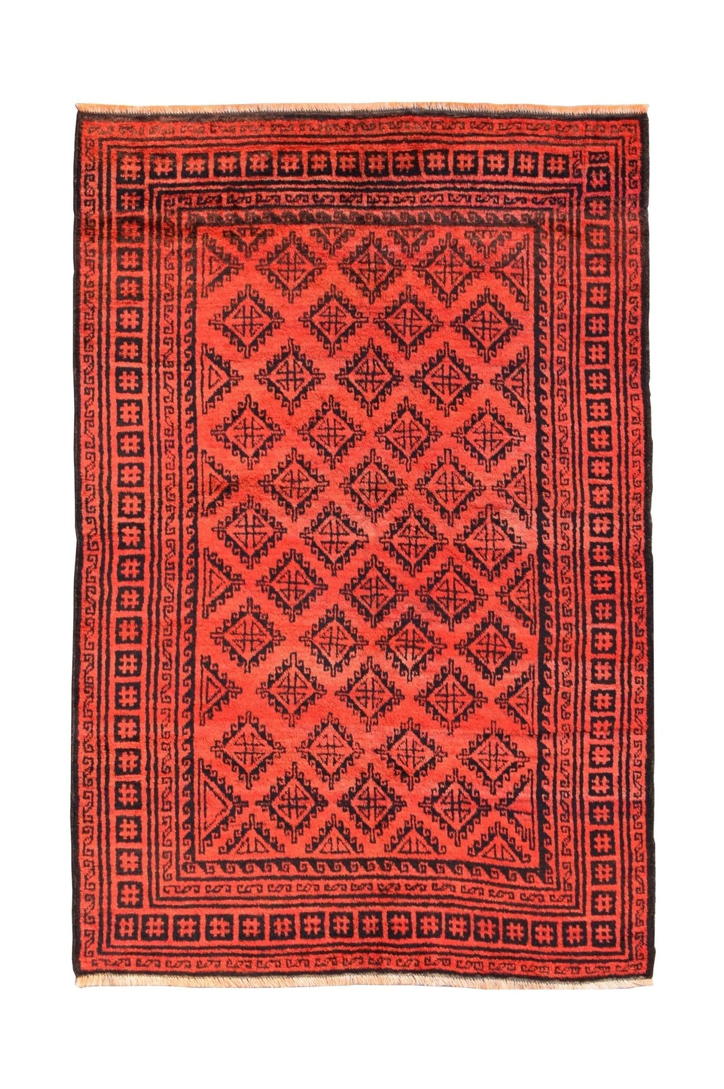 A vintage handmade Afghan Baluch rug featuring a red field with black geometric diamond patterns.