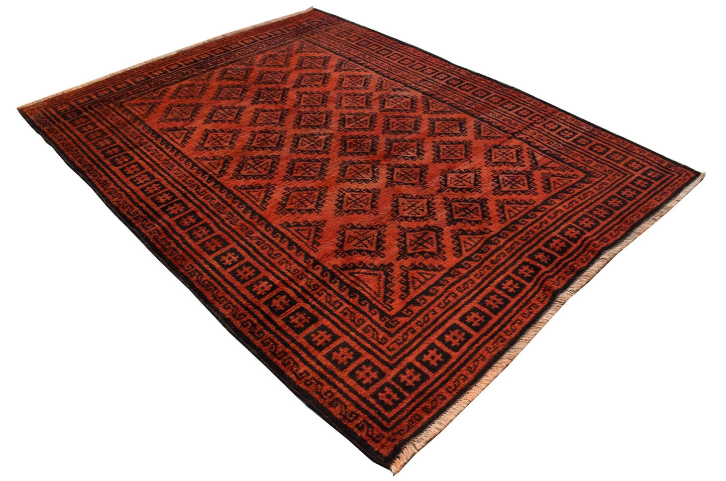 A vintage Afghan Baluch rug featuring a repeating geometric diamond pattern in red and black wool.