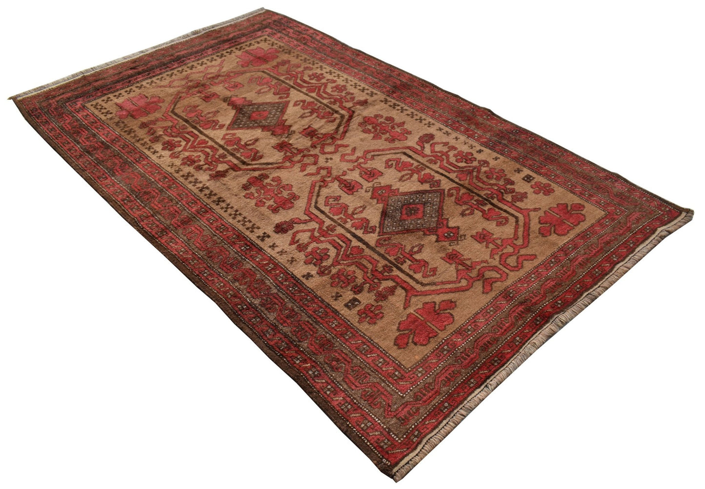 A vintage Afghan Baluch rug featuring a geometric pattern in shades of red and brown.
