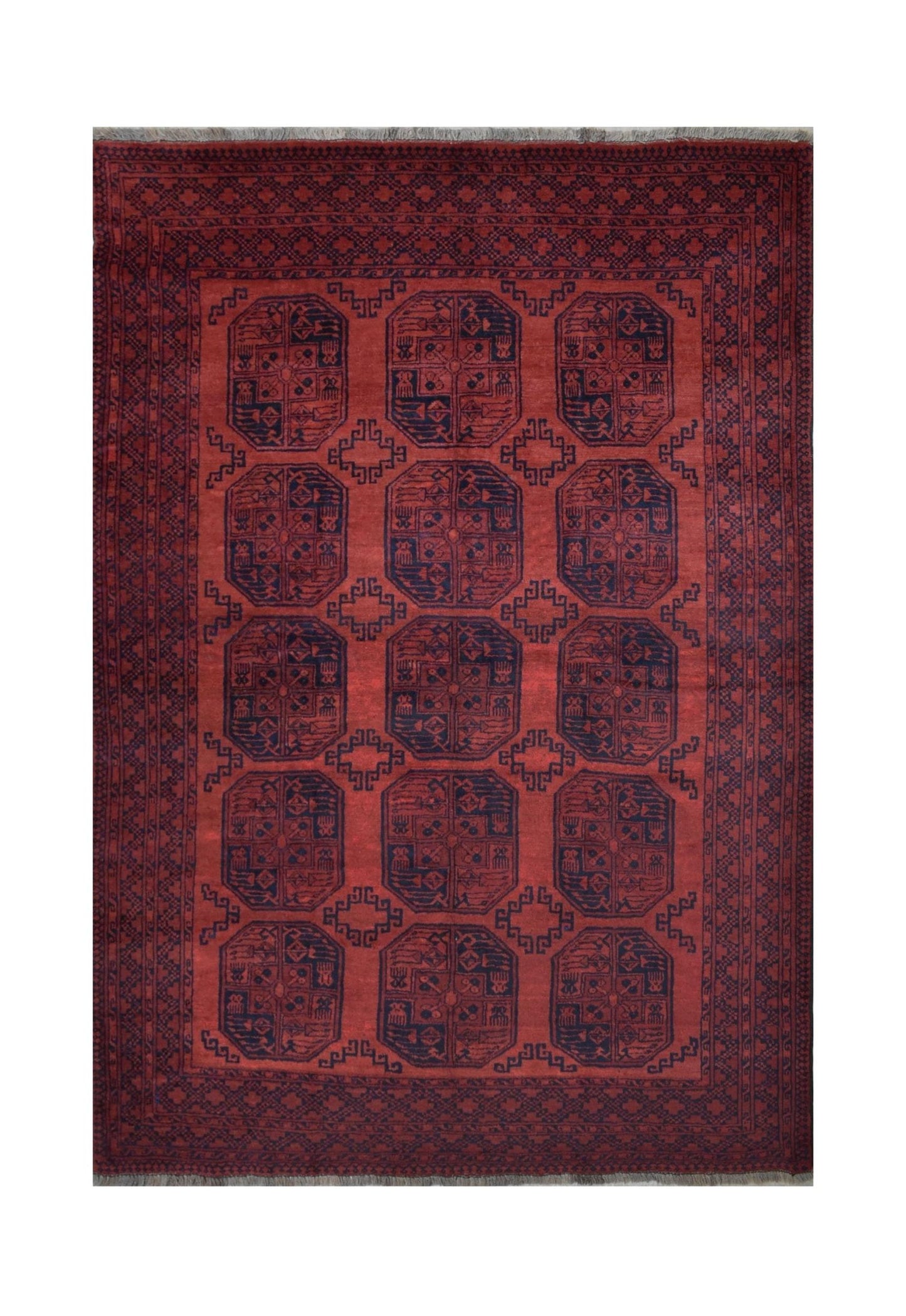 A vintage handmade Afghan Turkmen rug featuring a repeating geometric pattern in deep red and navy.
