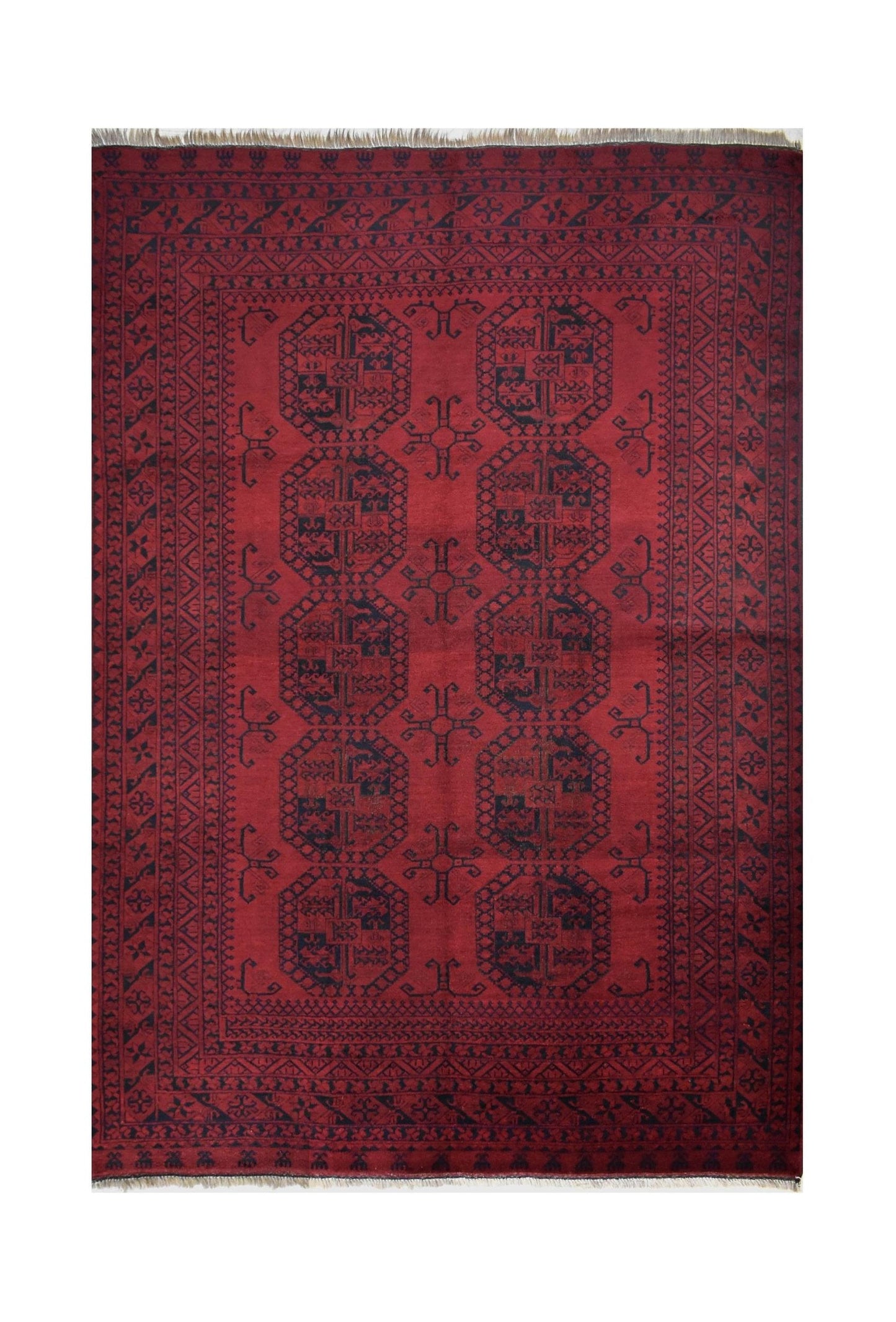 A vintage handmade Afghan Turkmen rug featuring geometric patterns in deep red and black wool.