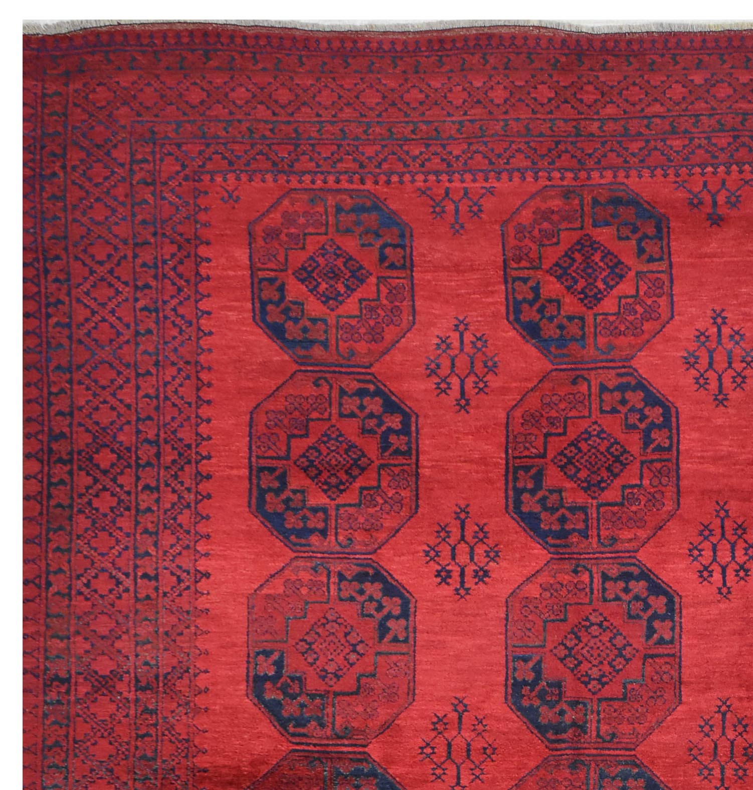 A vintage Afghan Turkmen rug featuring a red field with repeating dark blue geometric octagons.