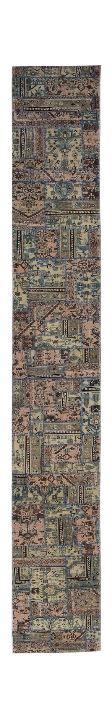 A handmade Afghan wool runner rug featuring a vintage patchwork design in muted tones.