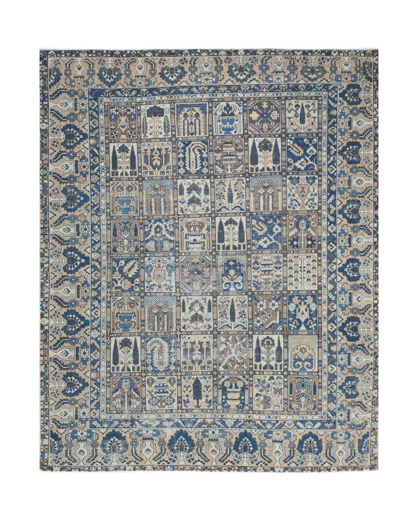 A handmade Persian Bakhtiari rug featuring a grid of intricate garden motifs in blue and beige.