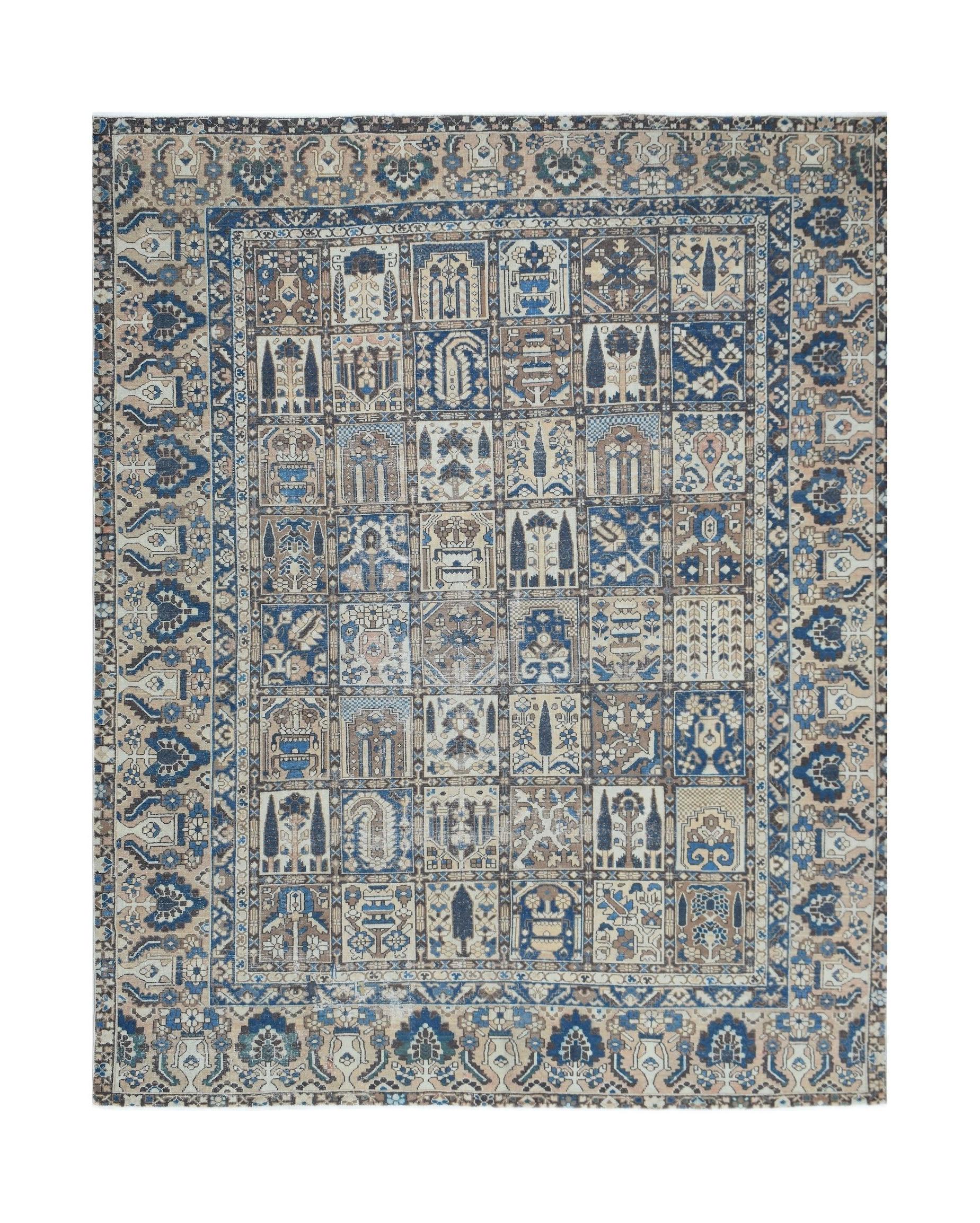 A handmade Persian Bakhtiari rug featuring a grid of intricate garden motifs in blue and beige.