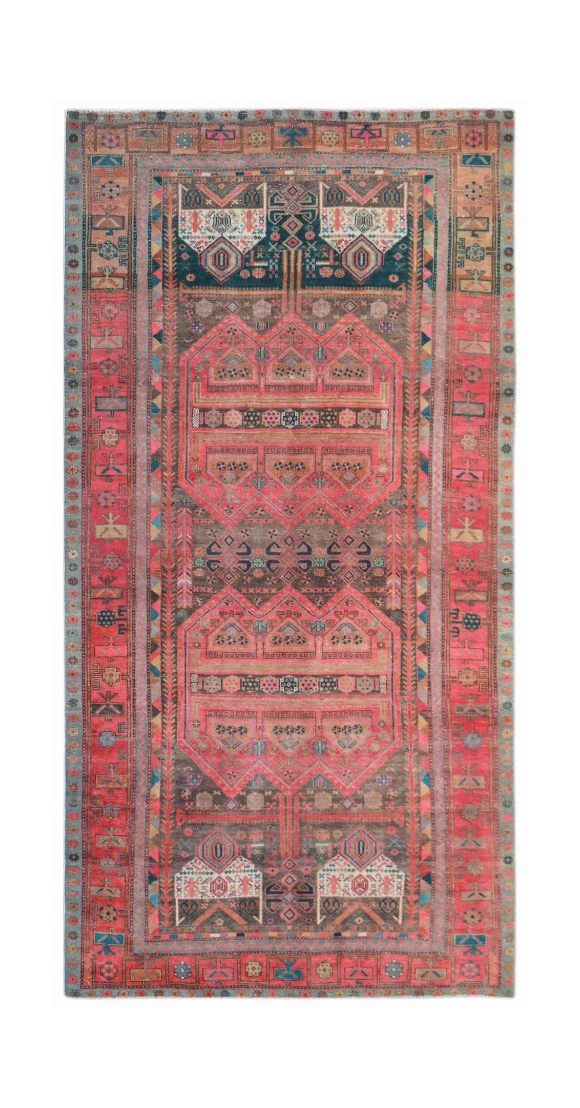 A vintage handmade Persian Koliai wool rug featuring a red and brown Throne of Jamshed pattern.