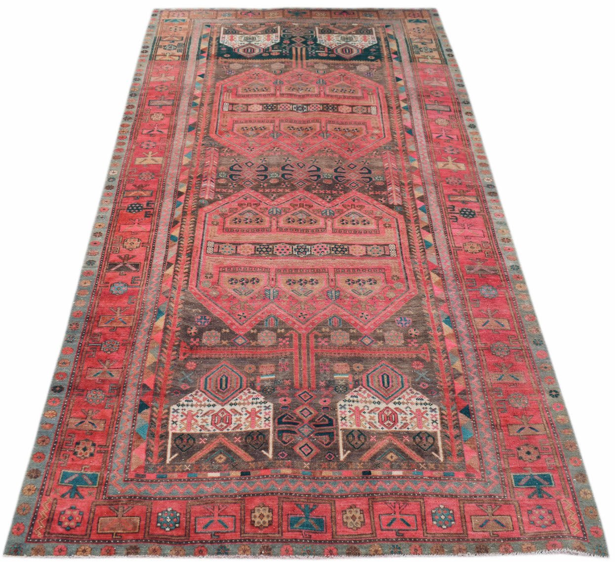 Handmade vintage Persian Koliai rug featuring a red and brown Throne of Jamshed pattern.