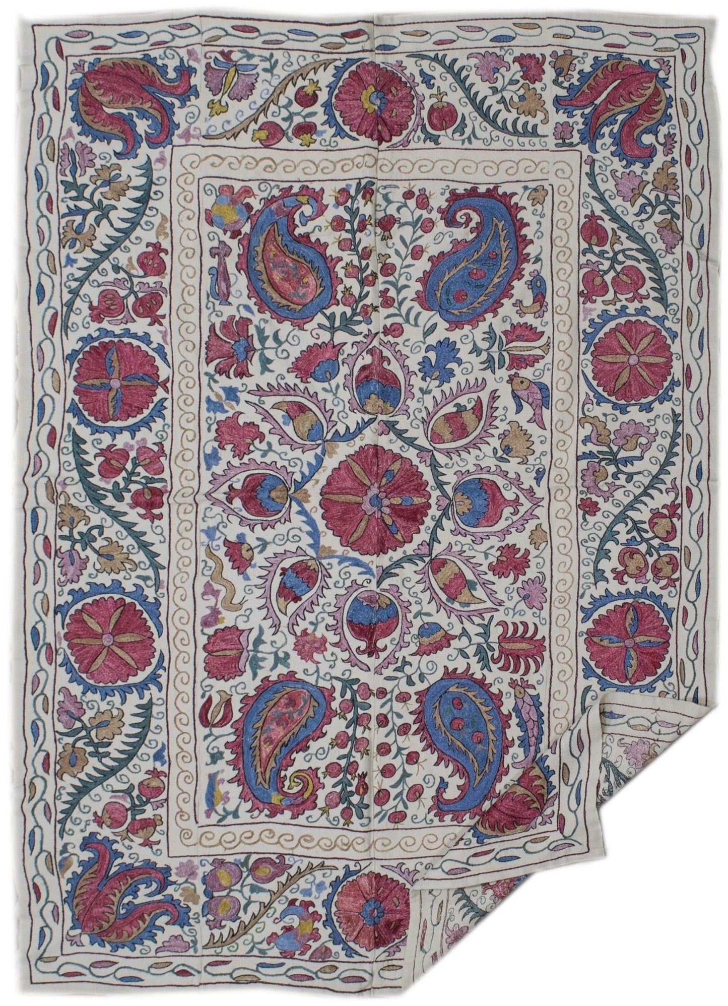 Handmade Uzbek suzani featuring intricate silk floral and paisley embroidery on a cotton base.