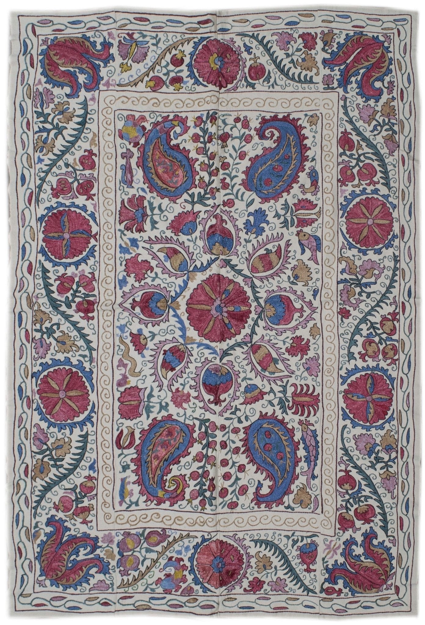Handmade Uzbek suzani featuring intricate silk floral and paisley embroidery on a cotton base.