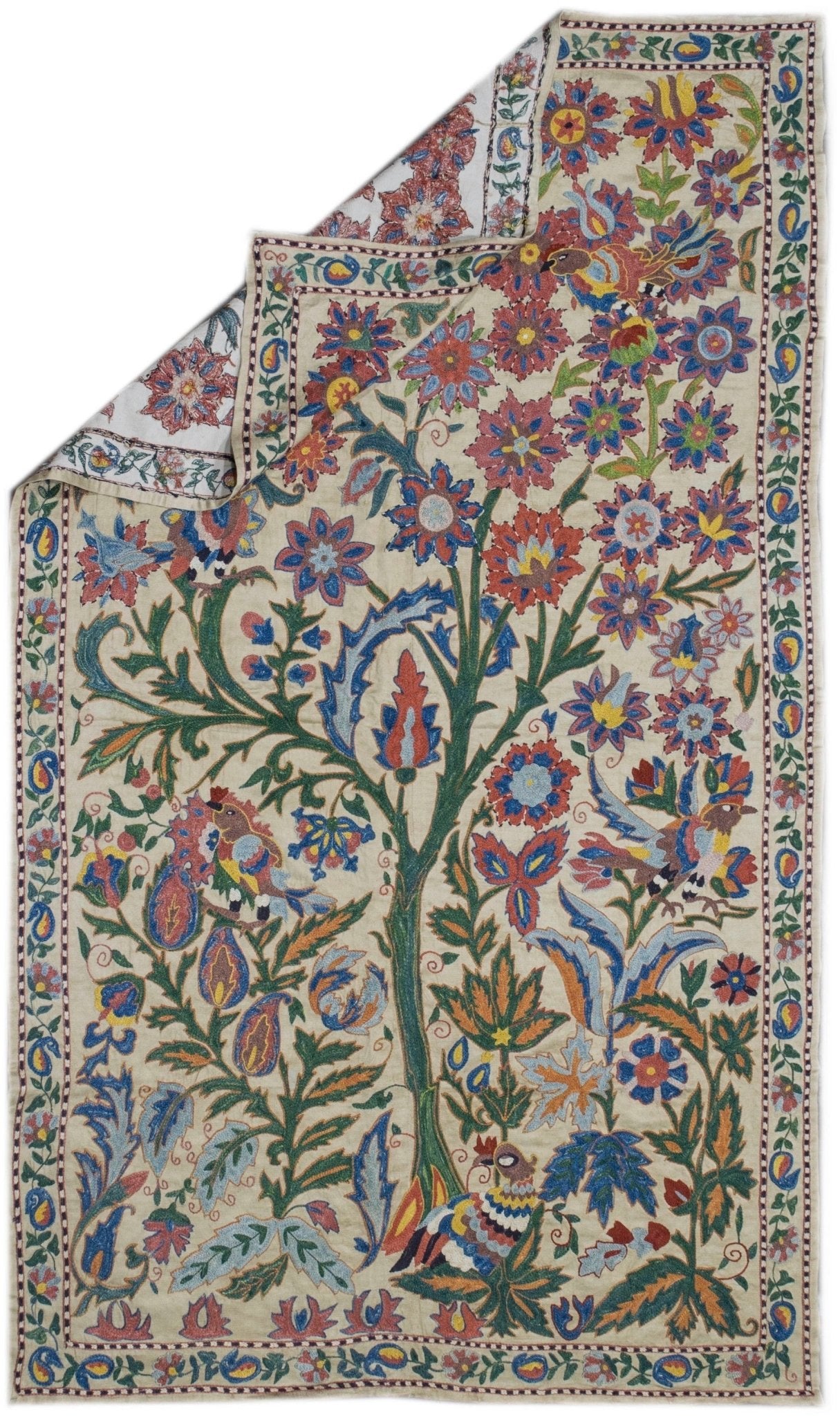 Handmade silk Uzbek suzani featuring colorful floral and bird embroidery on a cream background.