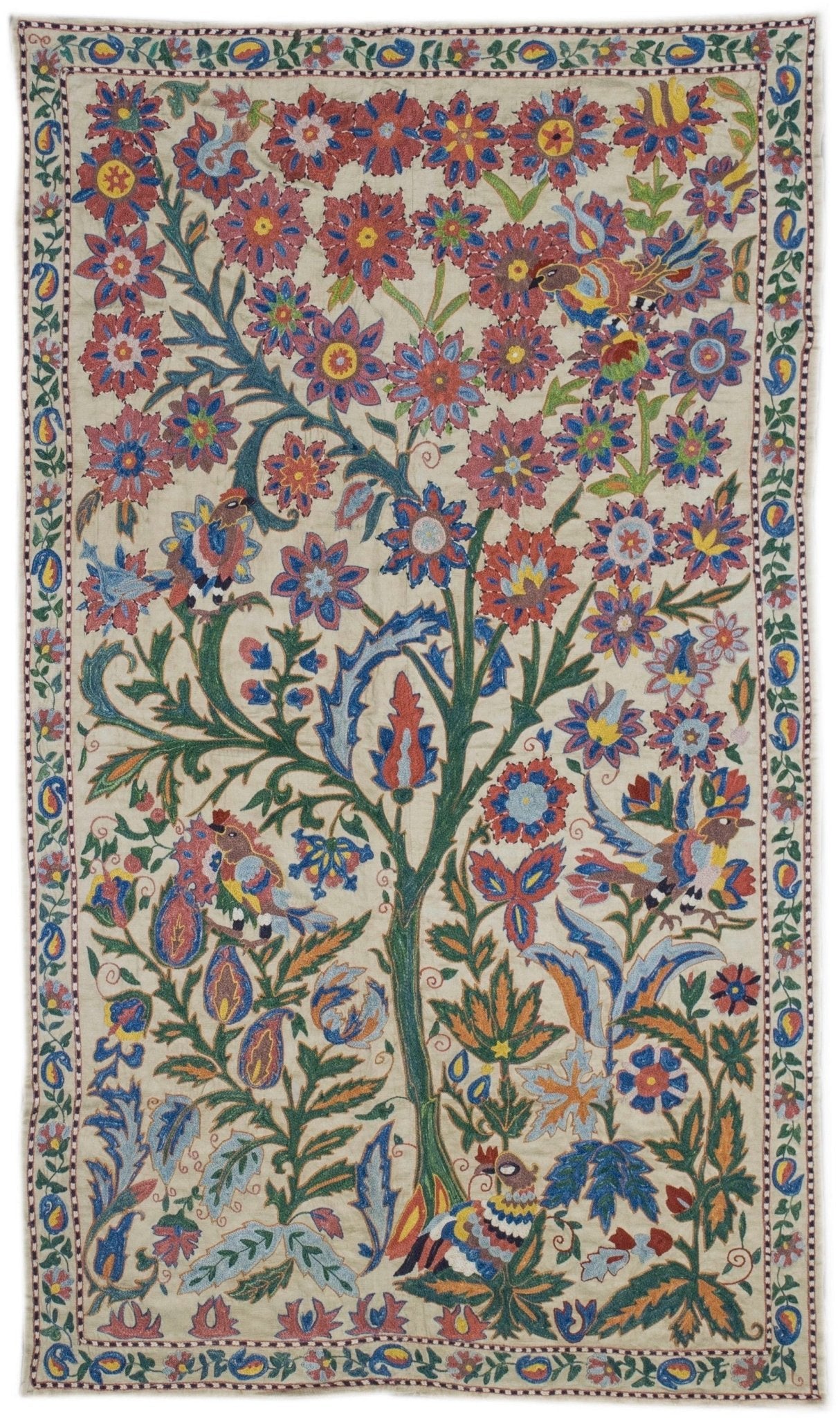 Handmade silk Uzbek suzani featuring colorful floral and bird embroidery on a cream background.