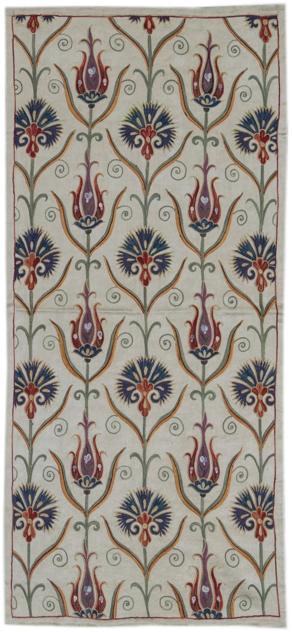 Handmade Uzbek suzani featuring a repeating floral pattern embroidered in silk on a silk base.