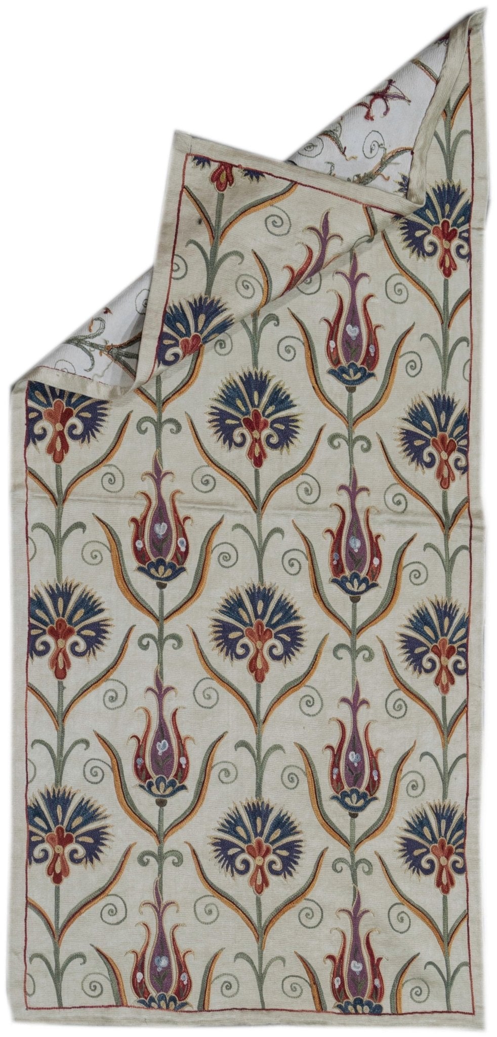 Handmade Uzbek suzani featuring intricate silk floral embroidery on a cream silk fabric base.