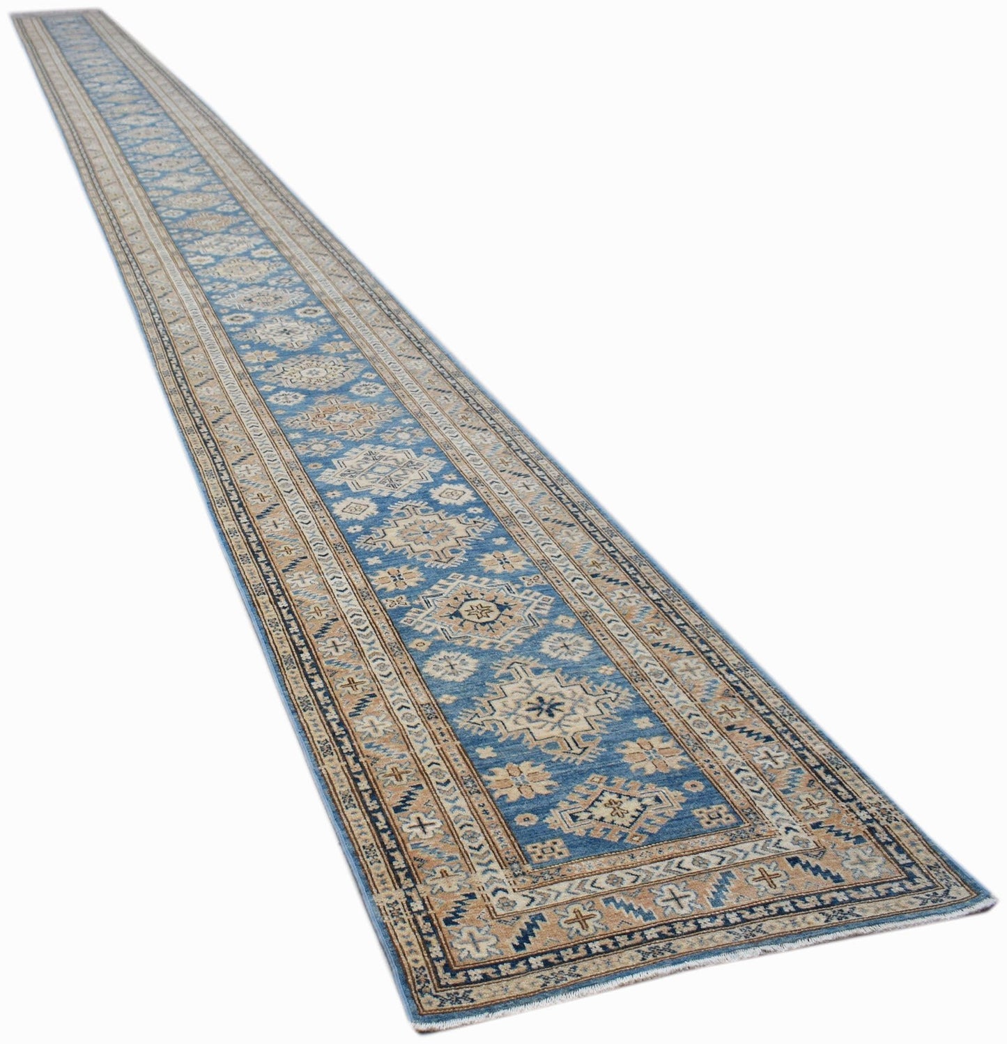 A long, handmade Afghan Super Kazakh runner rug featuring traditional geometric motifs in blue.