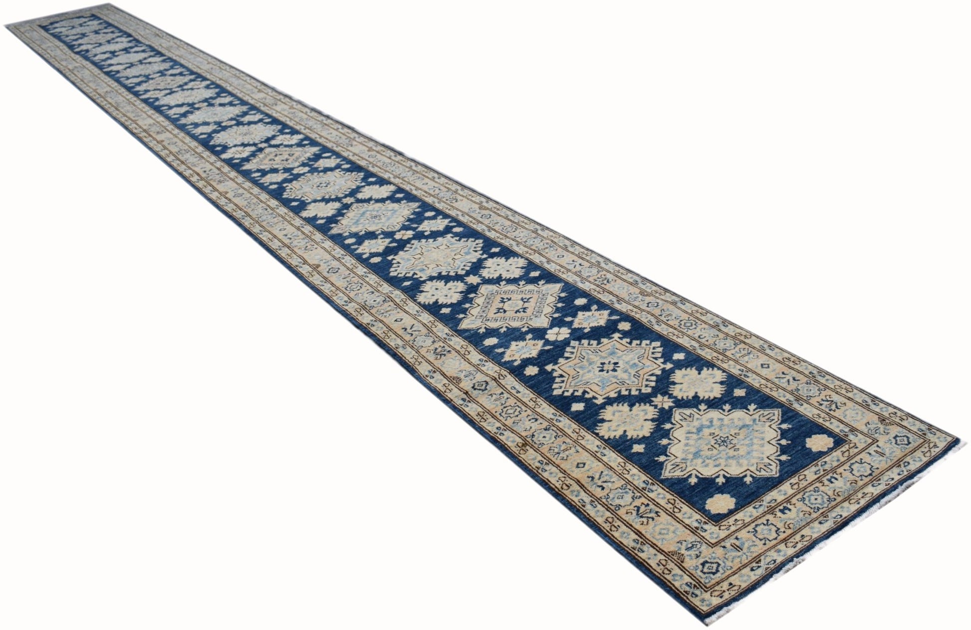 An Afghan Super Kazakh runner rug featuring a geometric pattern in blue, beige, and grey tones.