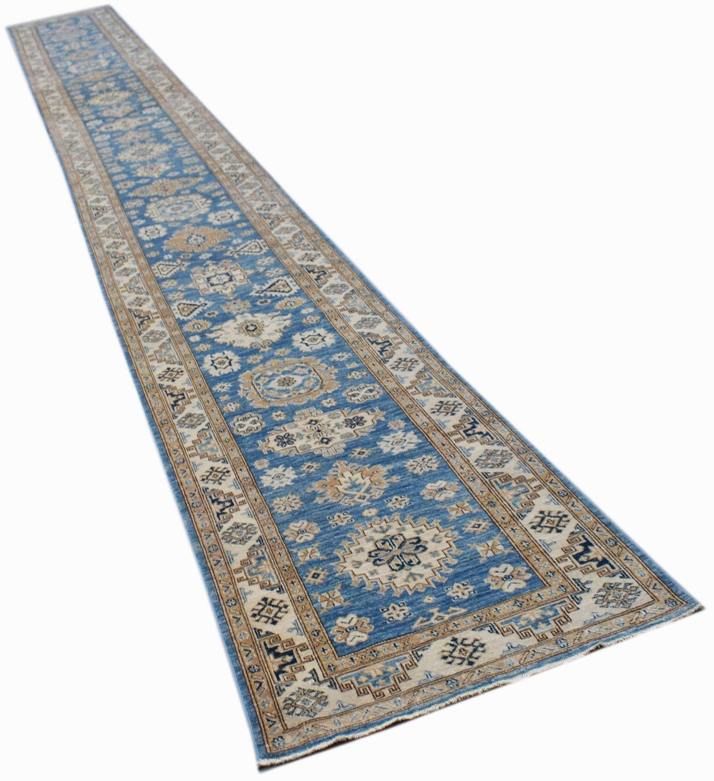 A long, handmade Afghan Super Kazakh runner rug featuring traditional geometric patterns in blue.