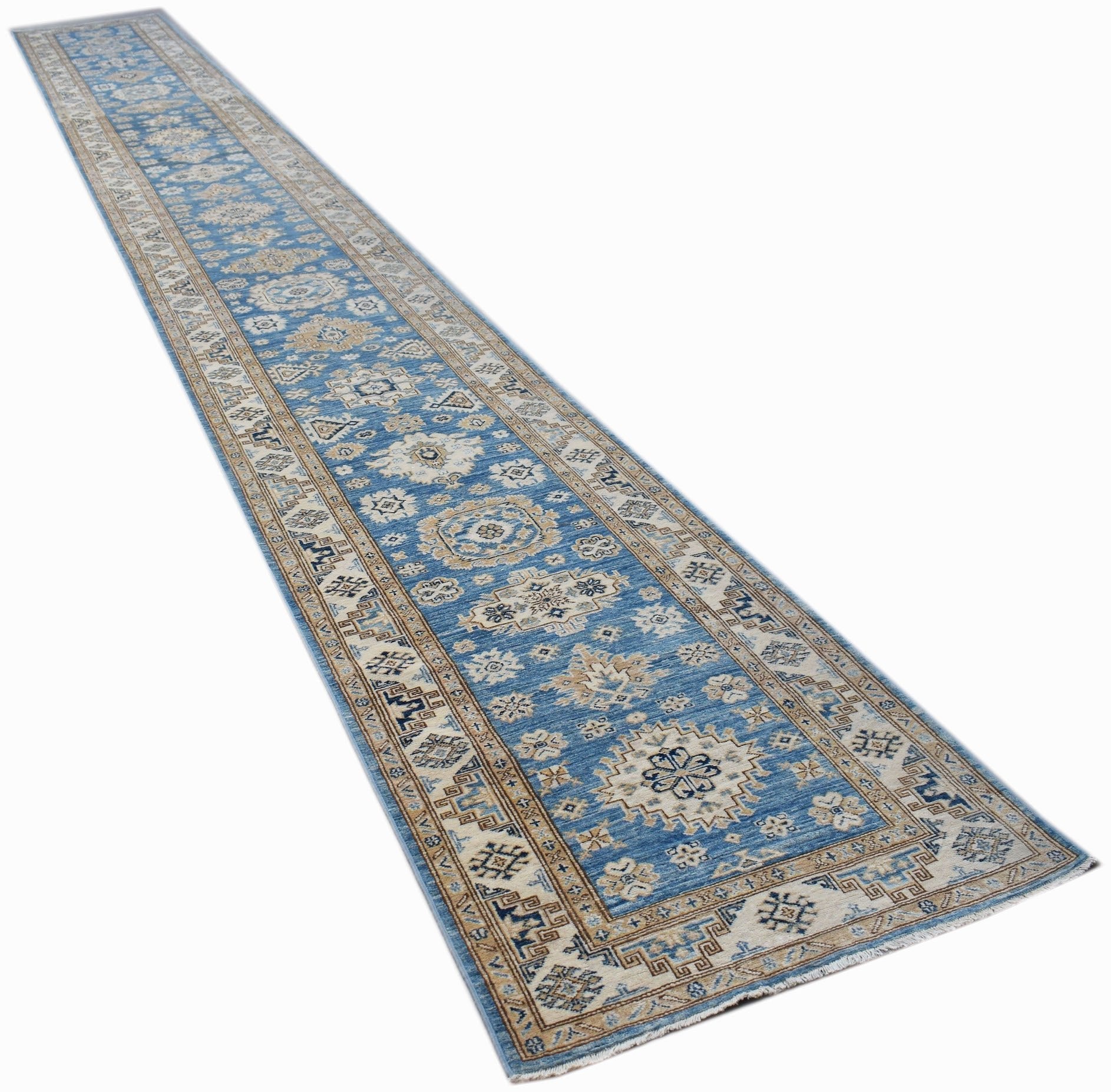 A long, handmade Afghan Super Kazakh runner rug featuring traditional blue and beige geometric motifs.