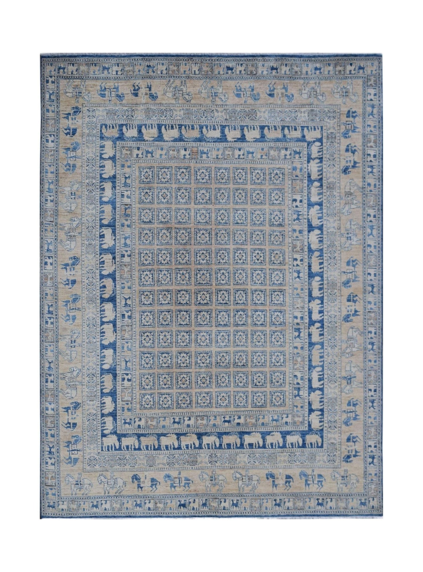 Handmade Afghan Chobi rug featuring a blue and beige grid pattern with elephant and horse motifs.