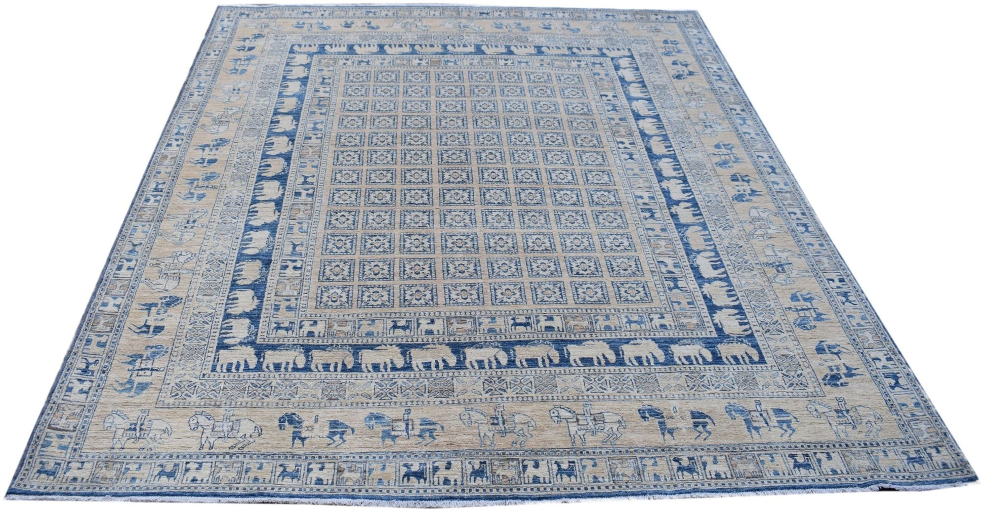 Handmade Afghan Chobi rug featuring a blue and beige grid pattern with animal motifs.
