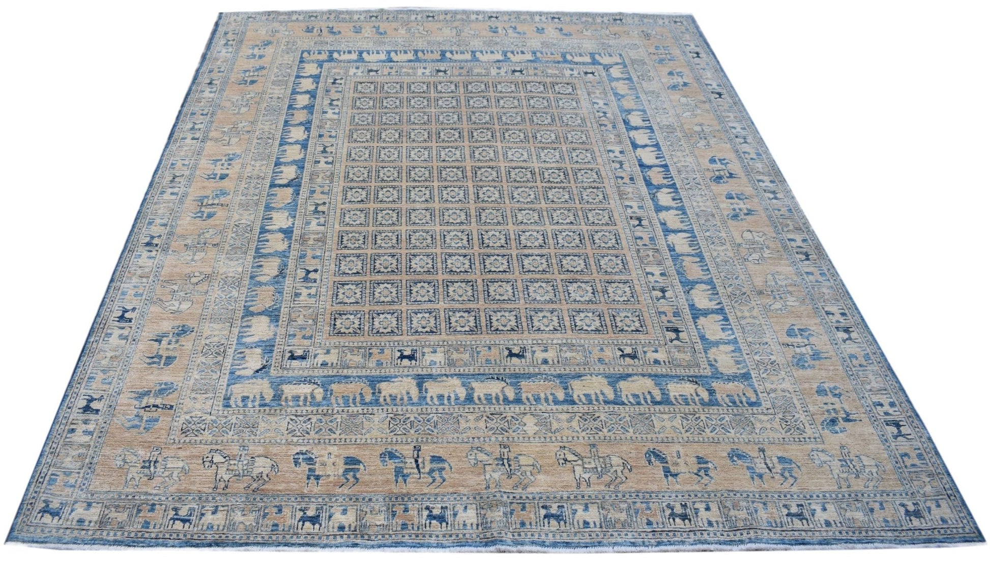 Handmade Afghan Chobi rug featuring a Pazyryk pattern with blue and beige geometric motifs.