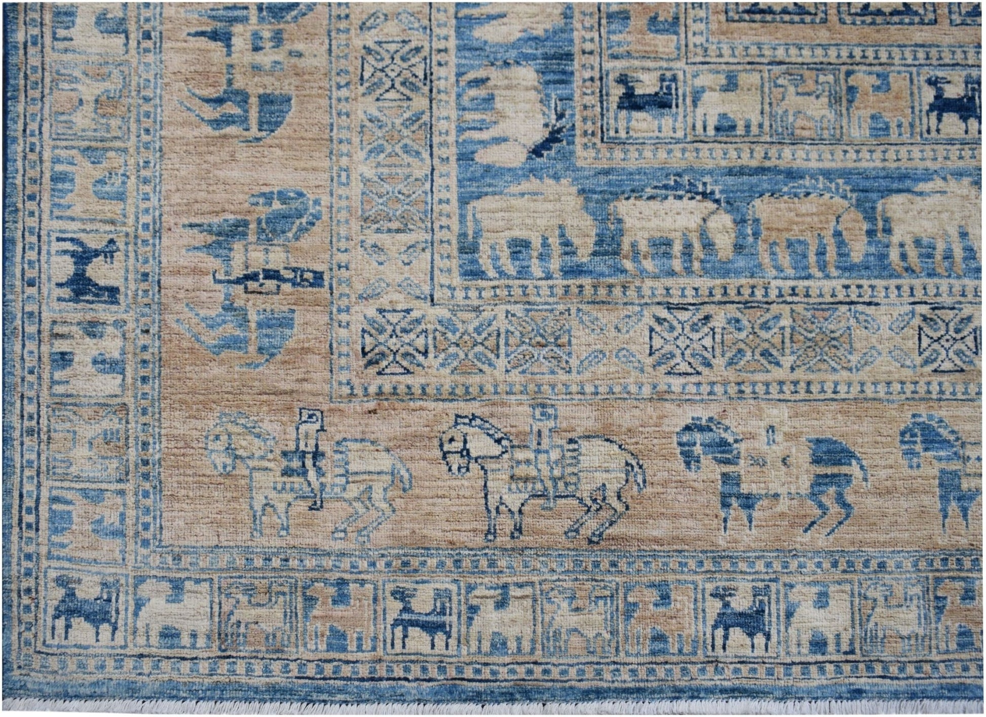 Handmade Afghan Chobi rug featuring blue and beige geometric patterns and equestrian motifs.
