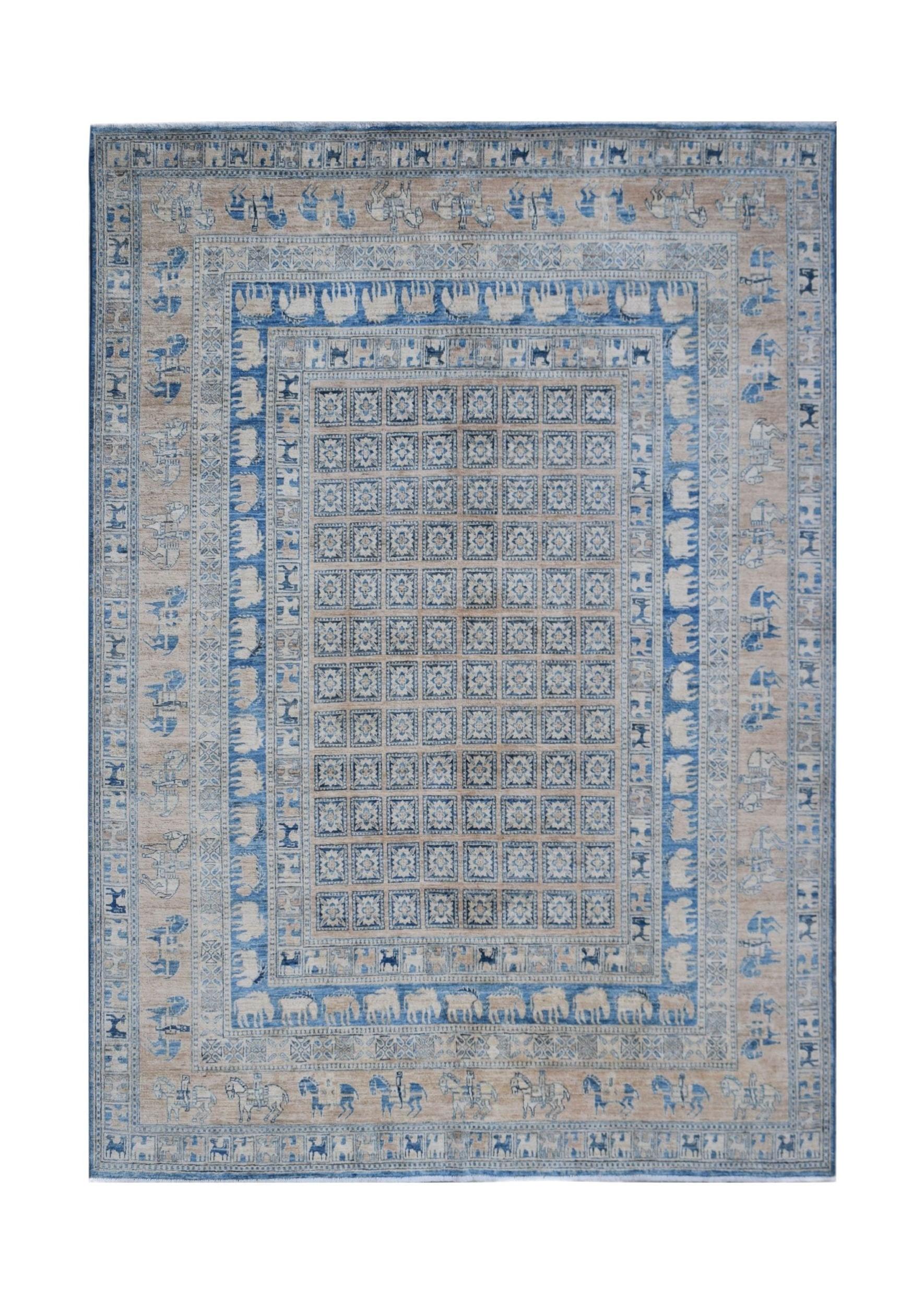 Handmade Afghan Chobi rug featuring a grid pattern and animal motifs in blue, beige, and grey.