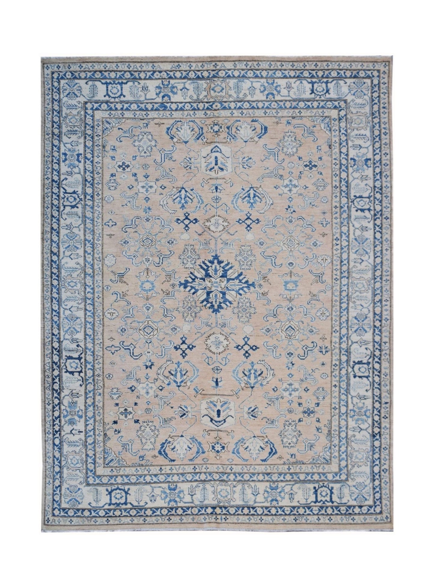 Handmade Afghan Super Kazakh rug featuring a beige field with intricate blue geometric patterns.