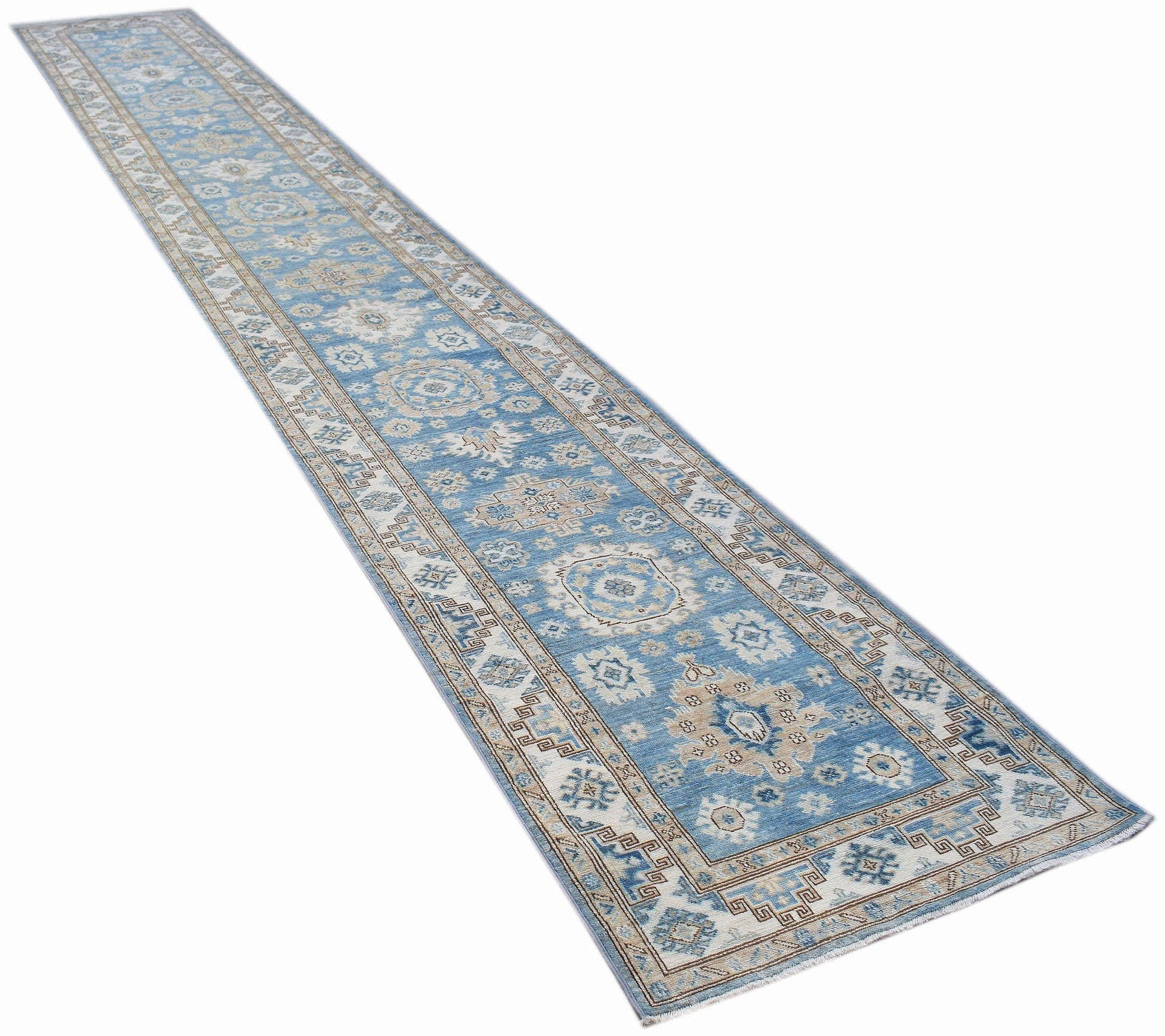 A long, handmade Afghan Super Kazakh runner rug featuring traditional blue and beige patterns.