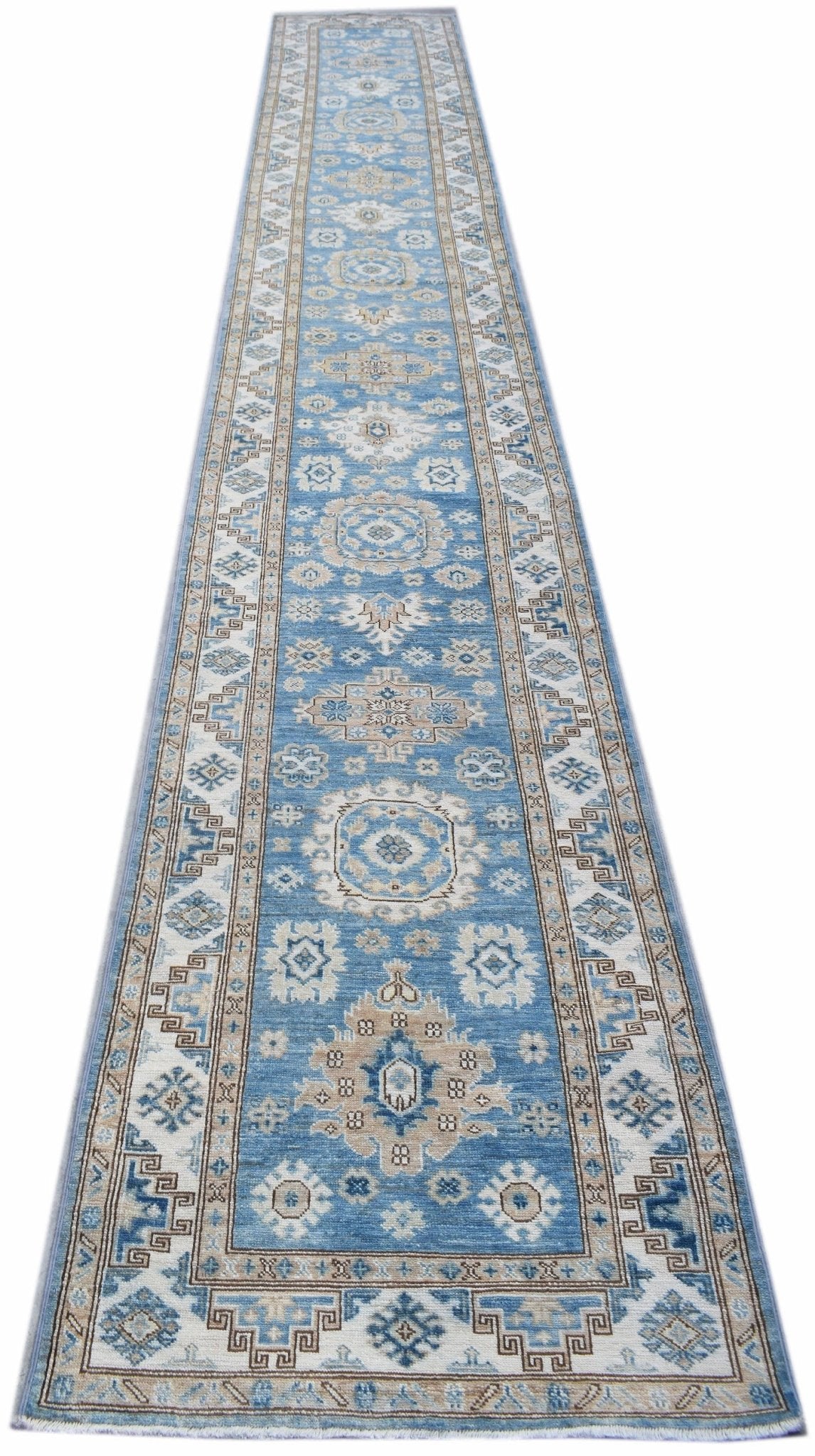 An Afghan Super Kazakh runner rug featuring traditional geometric motifs in blue and beige tones.