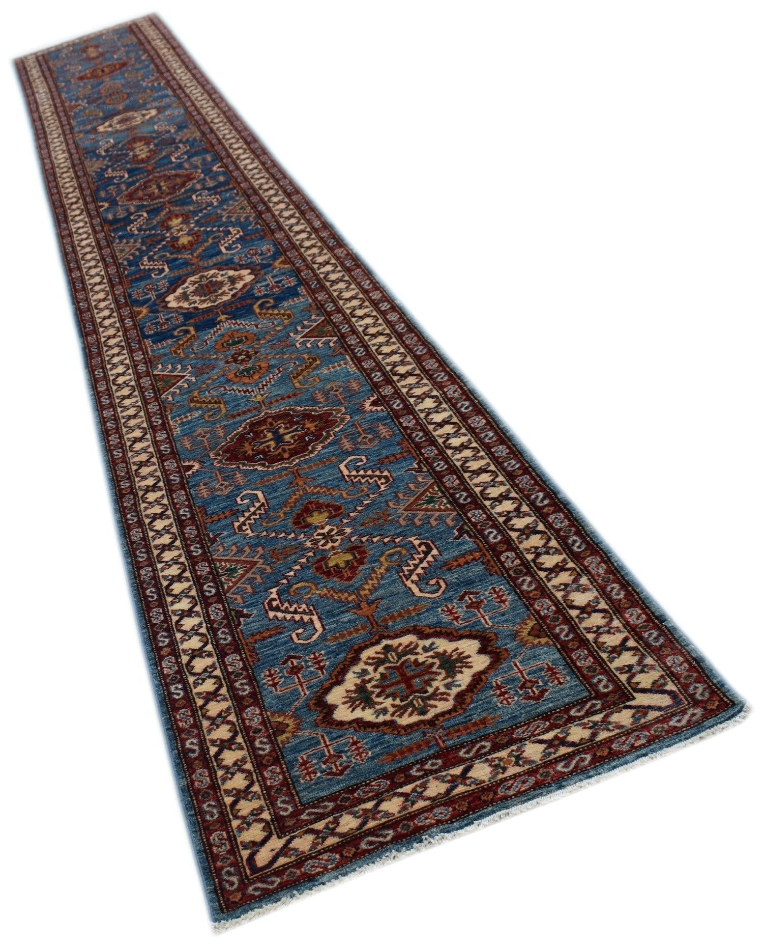An Afghan Super Kazakh runner rug featuring traditional geometric motifs in blue and red tones.