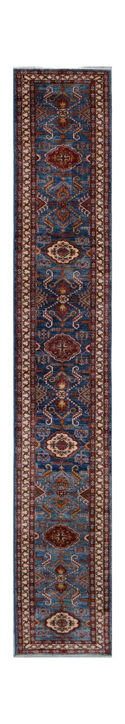 A long, handmade Afghan runner rug featuring traditional geometric motifs in blue and red tones.
