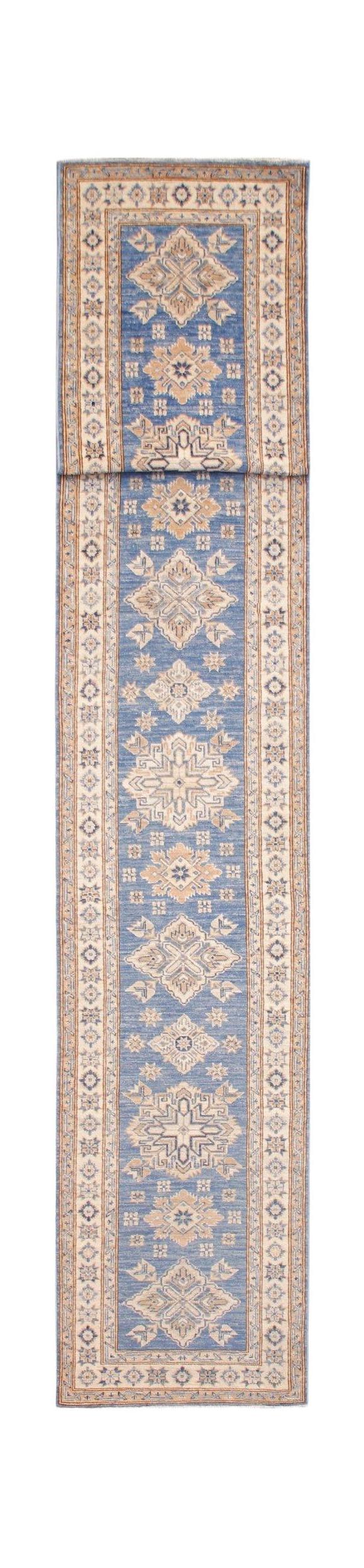 A handmade Afghan Super Kazakh runner rug featuring traditional geometric motifs in blue and beige.