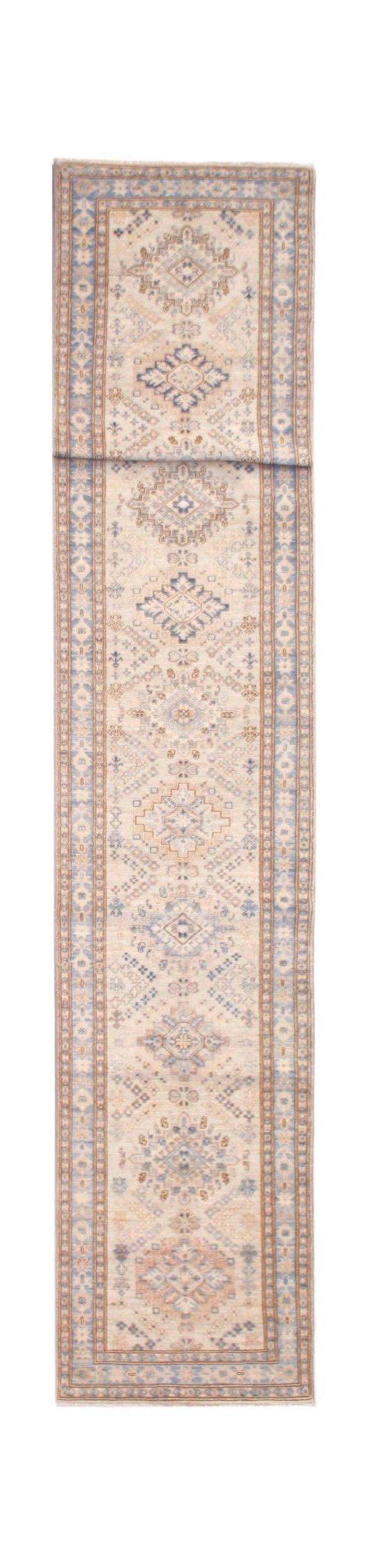 A long, handmade Afghan Super Kazakh runner rug featuring traditional geometric motifs in blue and tan.