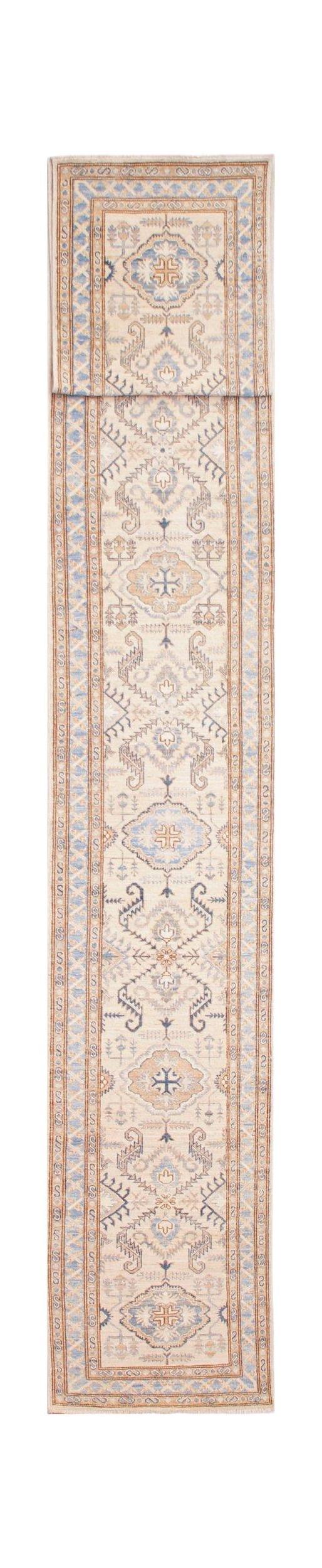 A long, handmade Afghan Super Kazakh runner rug featuring traditional geometric motifs in blue and tan.