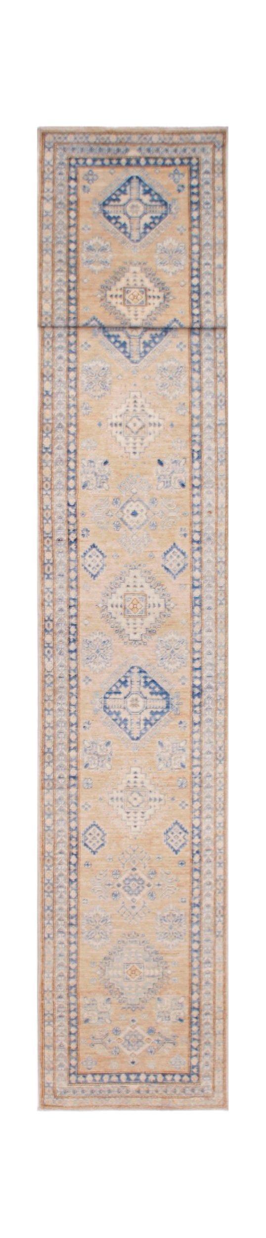 A long, handmade Afghan runner rug featuring traditional blue and cream geometric motifs on a tan background.