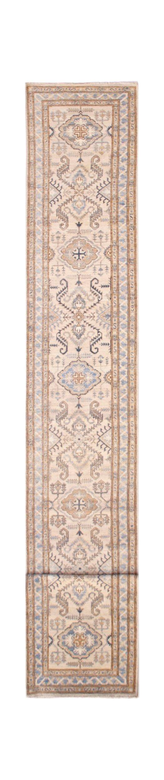 An Afghan Super Kazakh runner rug featuring traditional geometric motifs in blue and beige tones.