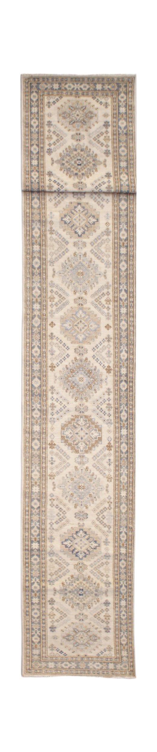 An Afghan Super Kazakh runner rug featuring traditional geometric motifs in blue and beige tones.