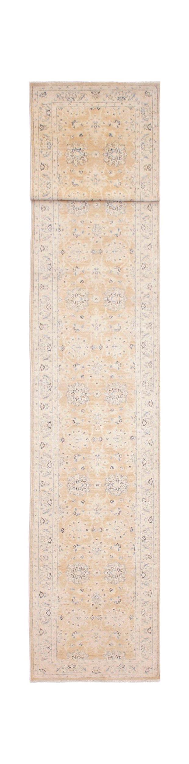 A long, handmade Afghan Super Kazakh runner rug featuring traditional motifs in beige and blue.