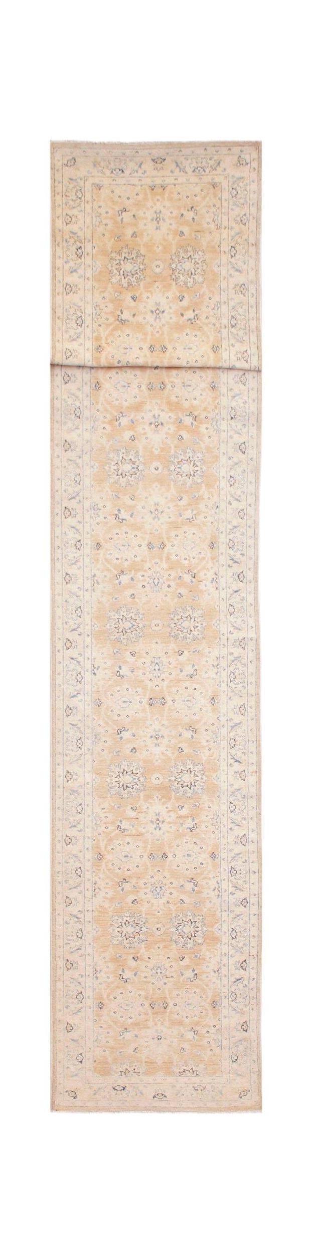 An Afghan Super Kazakh runner rug featuring traditional floral motifs in beige and blue tones.