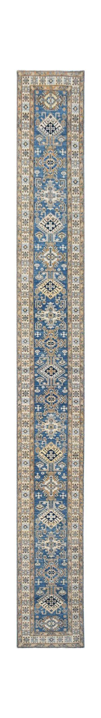 A long, handmade Afghan Super Kazakh runner rug featuring traditional blue and beige geometric motifs.