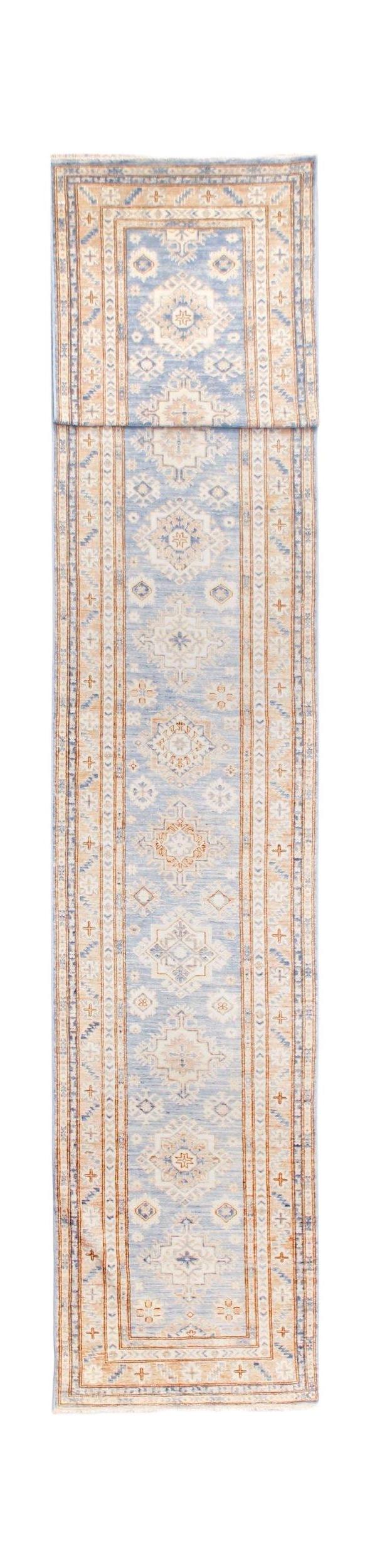An Afghan Super Kazakh runner rug featuring traditional geometric motifs in blue and beige tones.