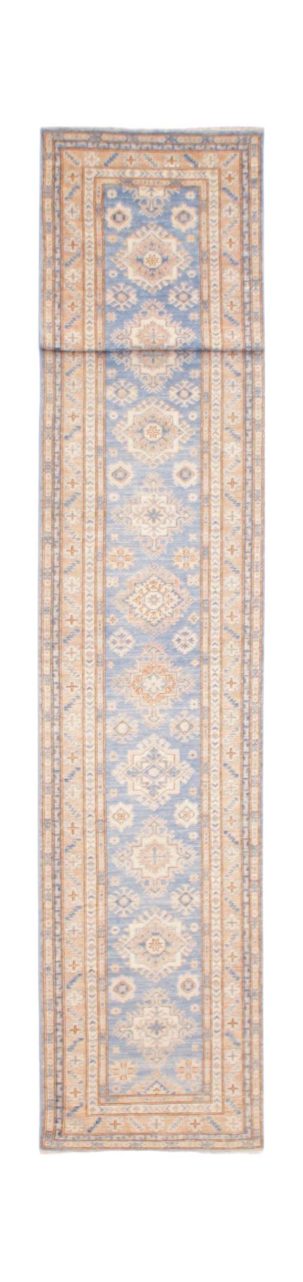 An Afghan Super Kazakh runner rug featuring traditional geometric motifs in blue and beige tones.