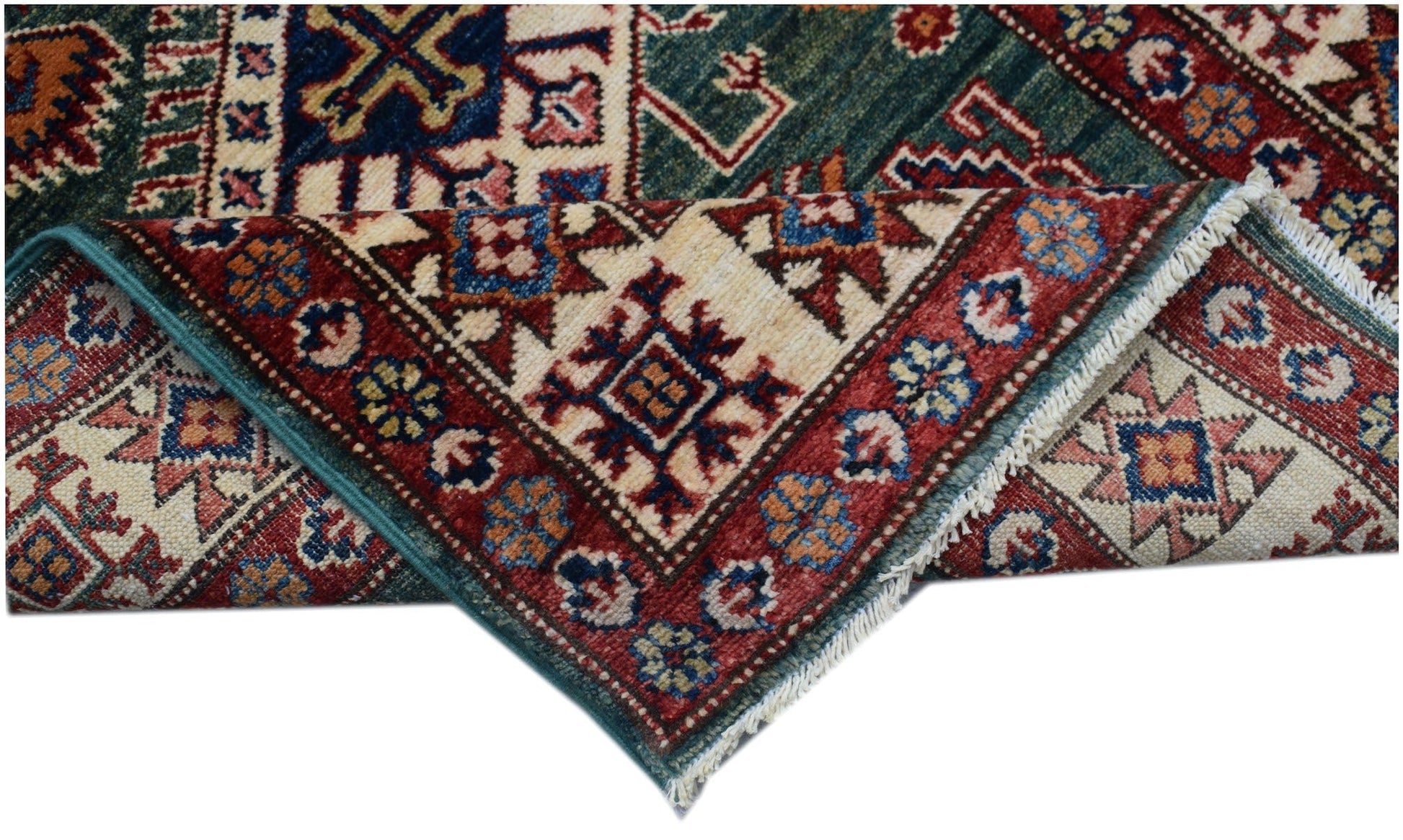 A handmade Afghan Super Kazakh runner featuring traditional geometric motifs in red and blue tones.