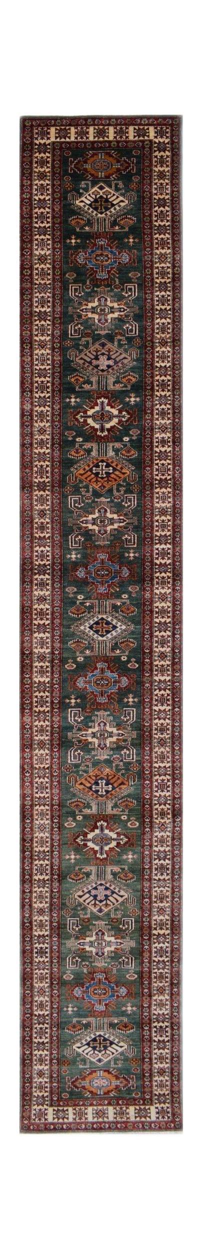 A long, handmade Afghan Super Kazakh runner rug featuring traditional geometric motifs in teal.