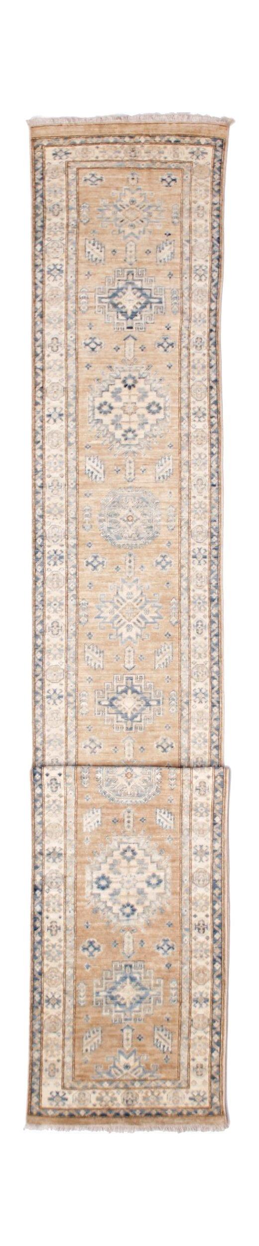 An Afghan Super Kazakh runner rug featuring traditional blue geometric motifs on a tan background.