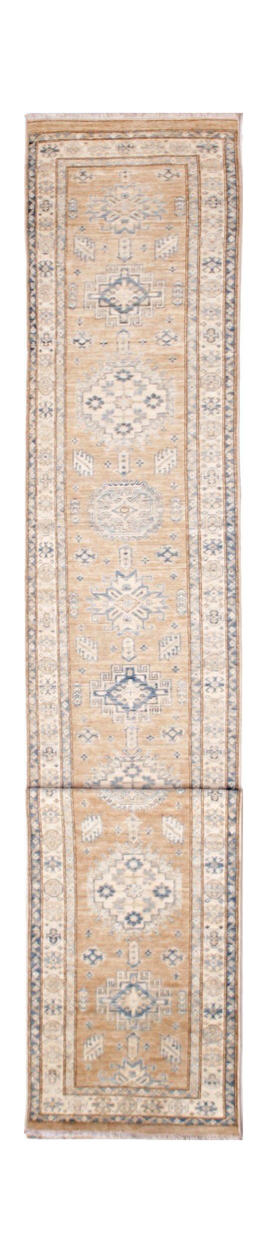 An Afghan Super Kazakh runner rug featuring traditional geometric motifs in blue and beige tones.