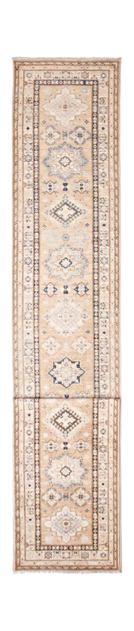 An Afghan Super Kazakh runner rug featuring traditional geometric motifs in beige and blue tones.