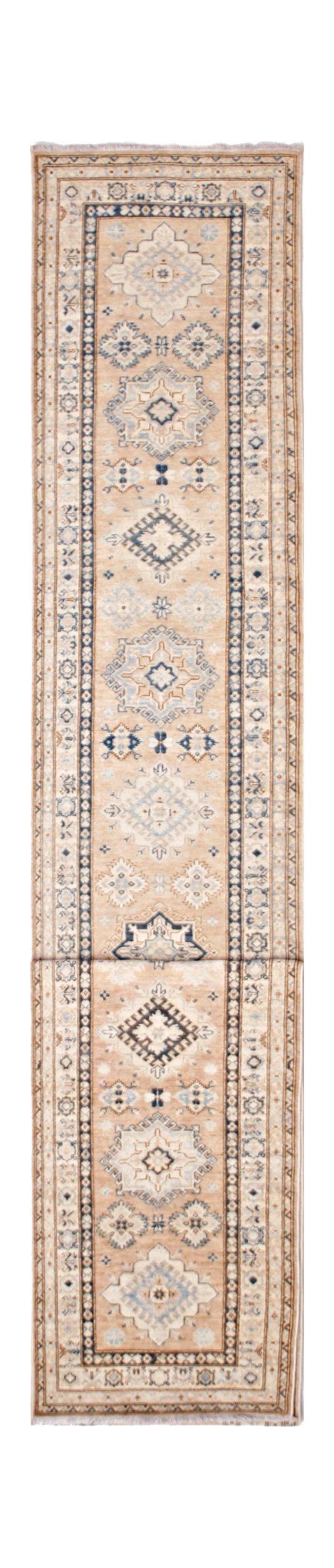 An Afghan Super Kazakh runner rug featuring traditional geometric motifs in blue and beige tones.